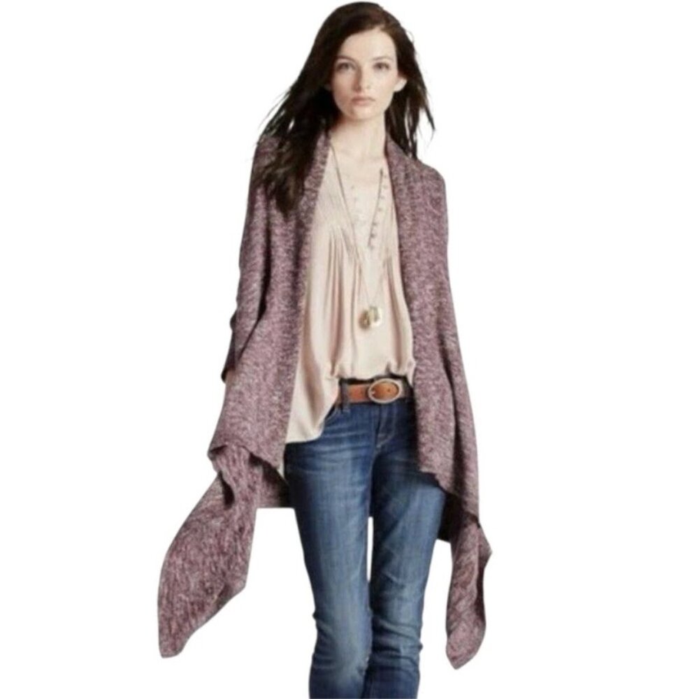 LUCKY BRAND Waterfall Cardigan, Pink Wool Blend Heathered Open Drape Bohemian, L